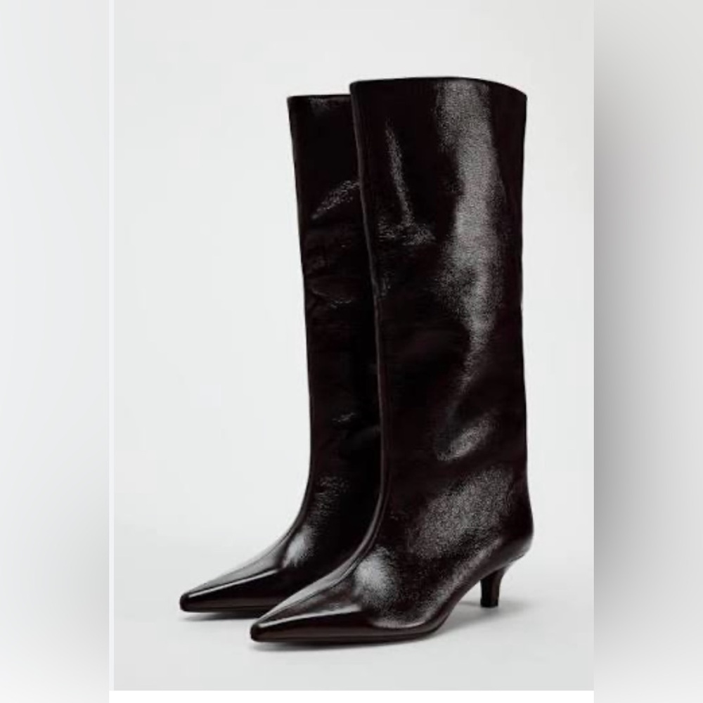 Zara Patent Naplak Burgudny Heeled Boots
